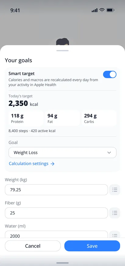 nodiet.ai smart target based on Apple Health activity