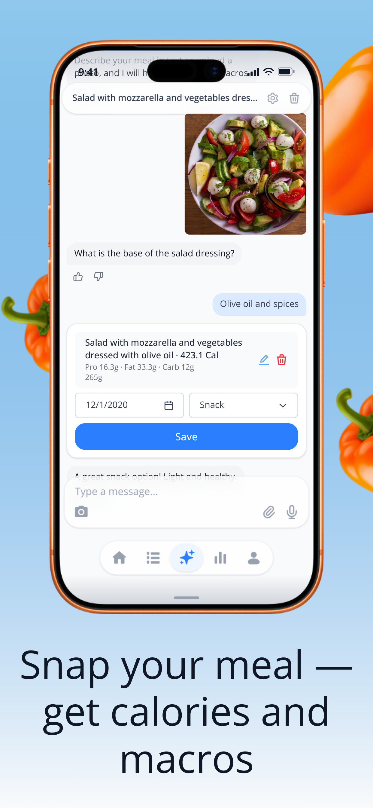 nodiet.ai app — snap a meal photo to get calories and macros