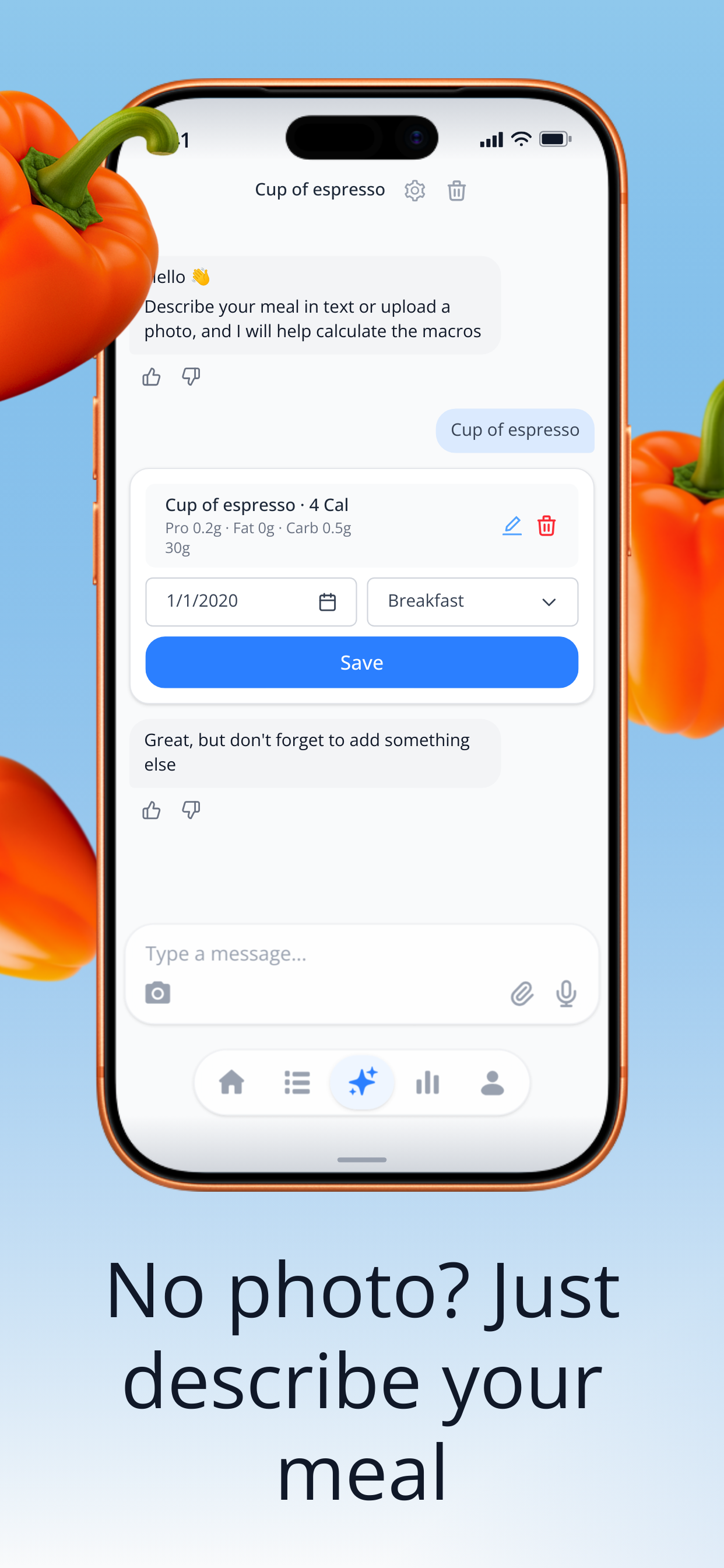 nodiet.ai app — describe your meal for AI calorie and macro analysis