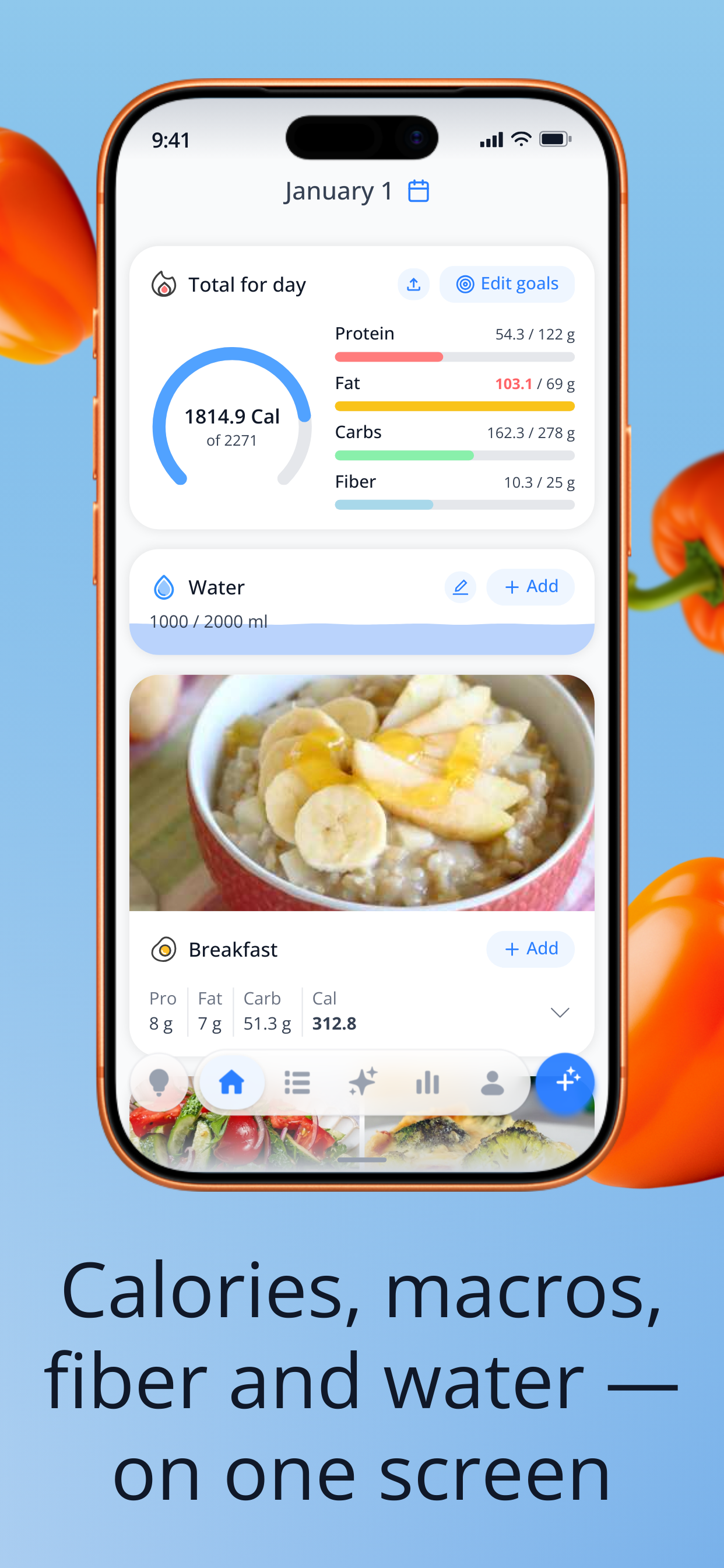 nodiet.ai app — calories, macros and fiber at a glance