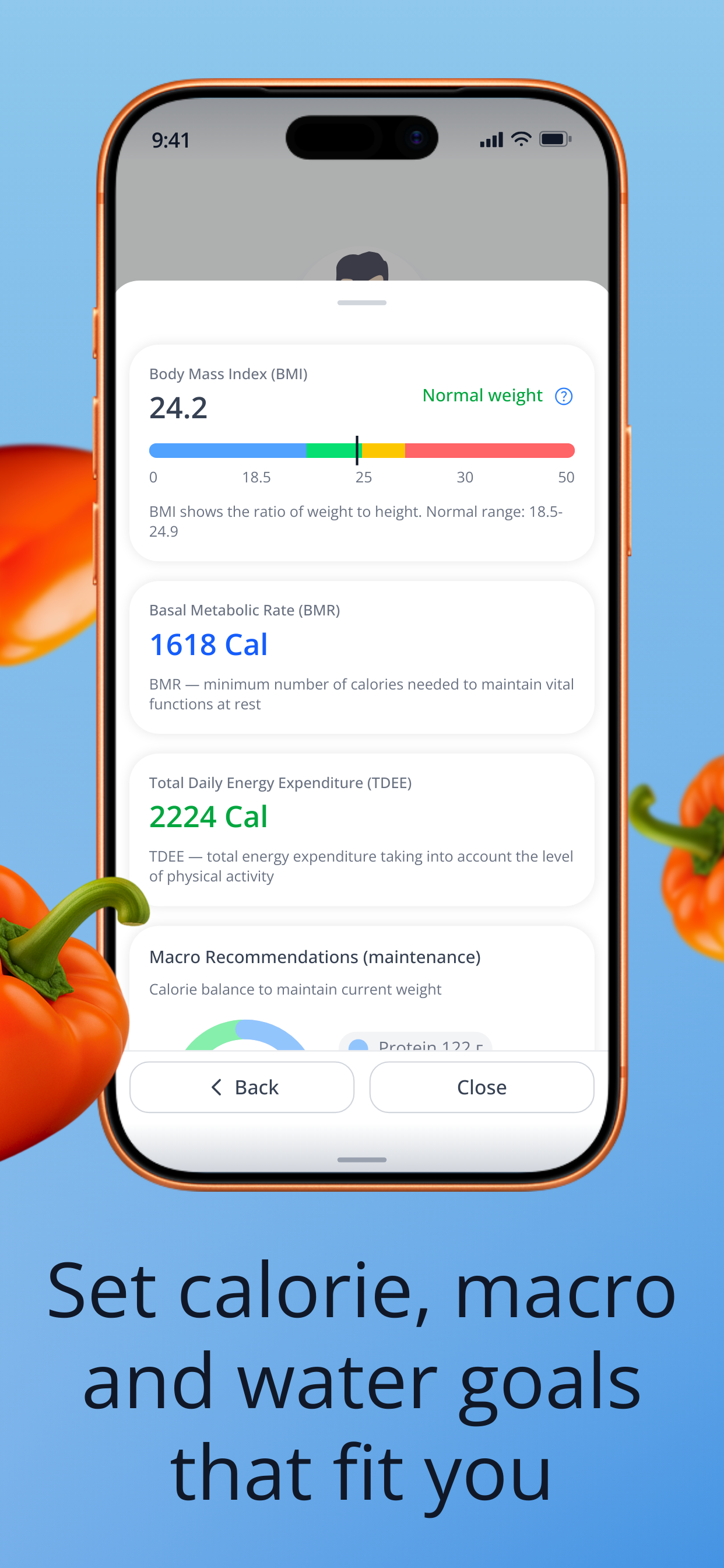 nodiet.ai app — set calorie, macro, fiber and water goals that fit you