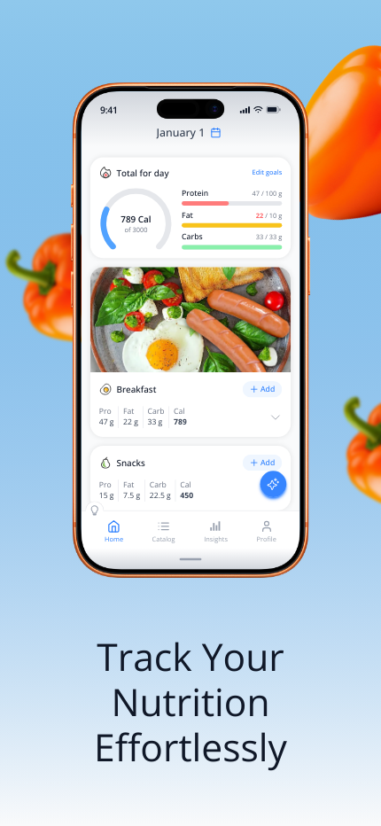 nodiet.ai app — main page with daily nutrition summary