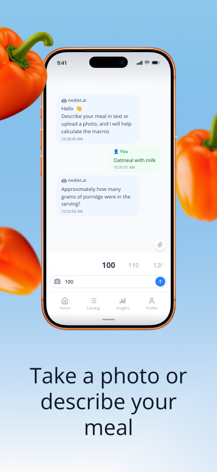 nodiet.ai app — describe a meal or upload a photo for AI analysis
