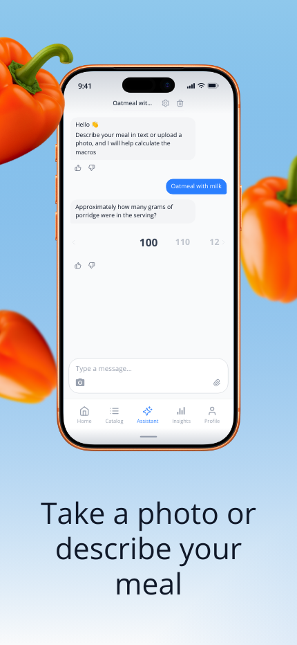nodiet.ai app — describe a meal or upload a photo for AI analysis