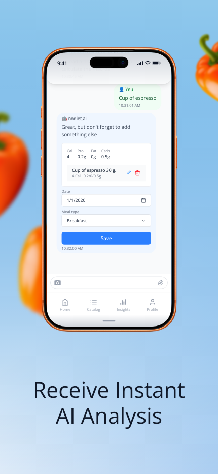 nodiet.ai app — AI analysis result with calorie breakdown