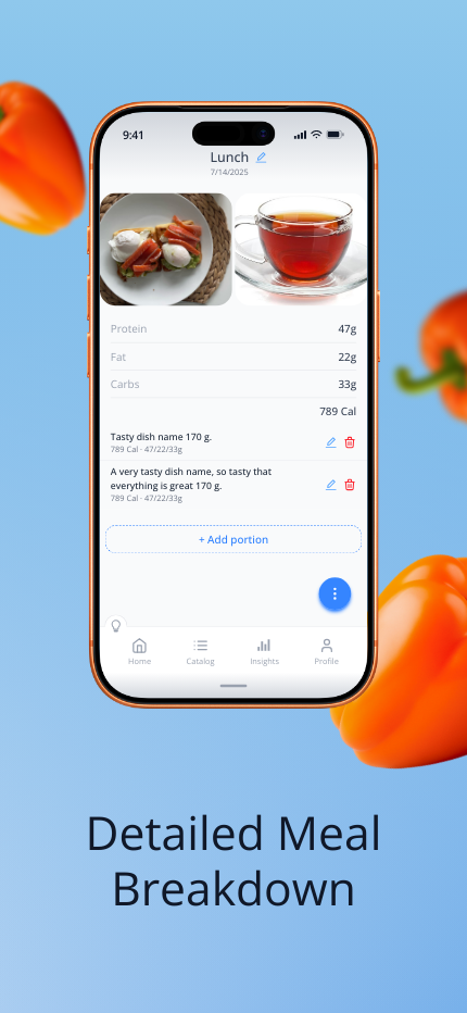 nodiet.ai app — detailed view of a meal with portions