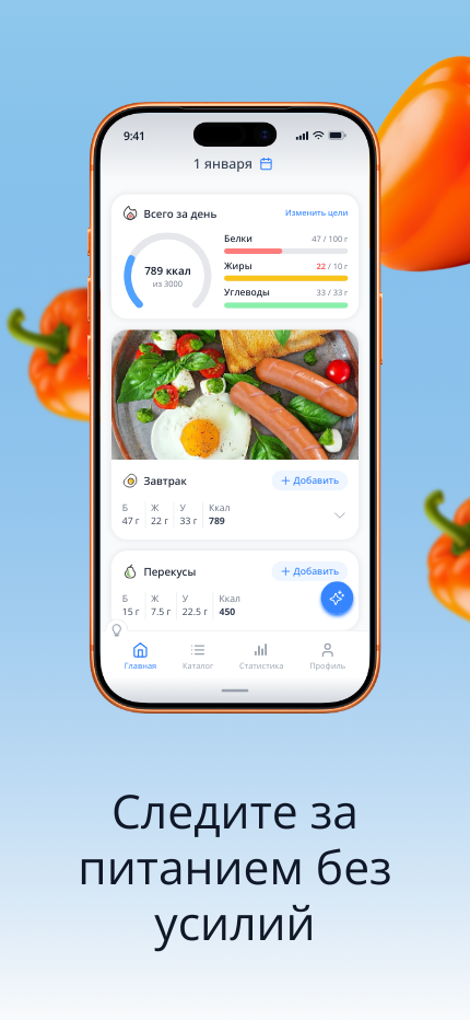 Приложение nodiet.ai — главная страница с дневной сводкой питания